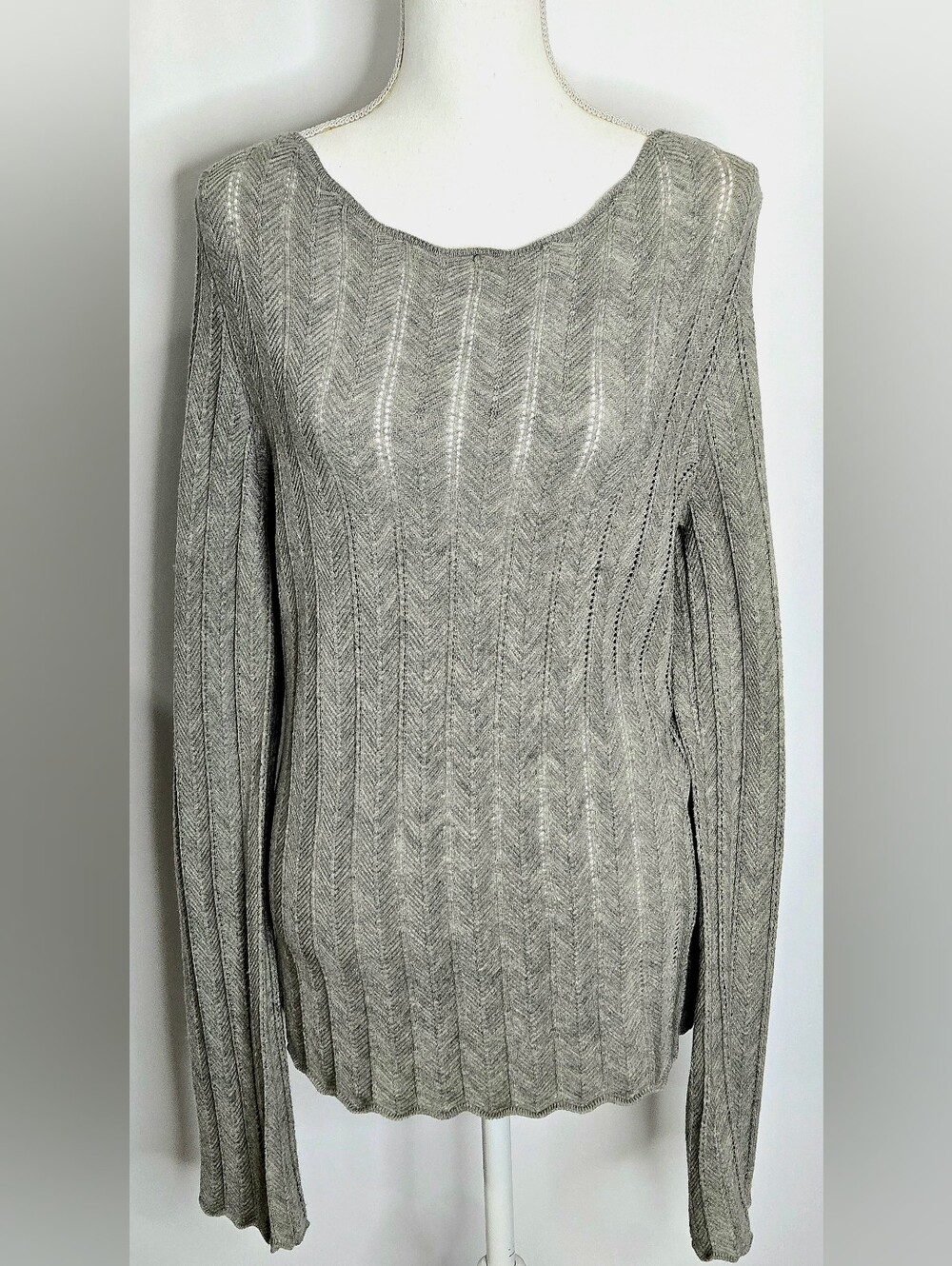 Banana Republic Heather Gray Merino Wool Chevron Pointelle Knit Sweater NWOT XL
